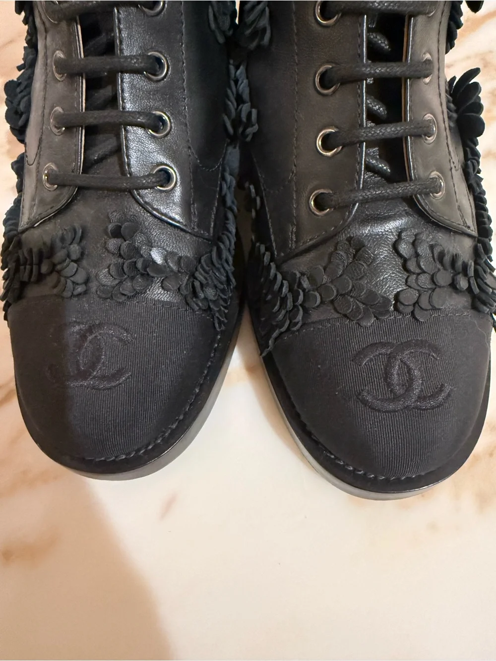 CHANEL Black Leather Lace-Up Floral Combat Boots
